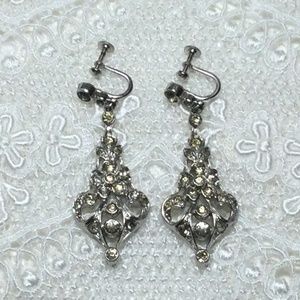 Vintage Drop Filligree Crystal Rhinestone Screw-on Silvertone Statement Earrings